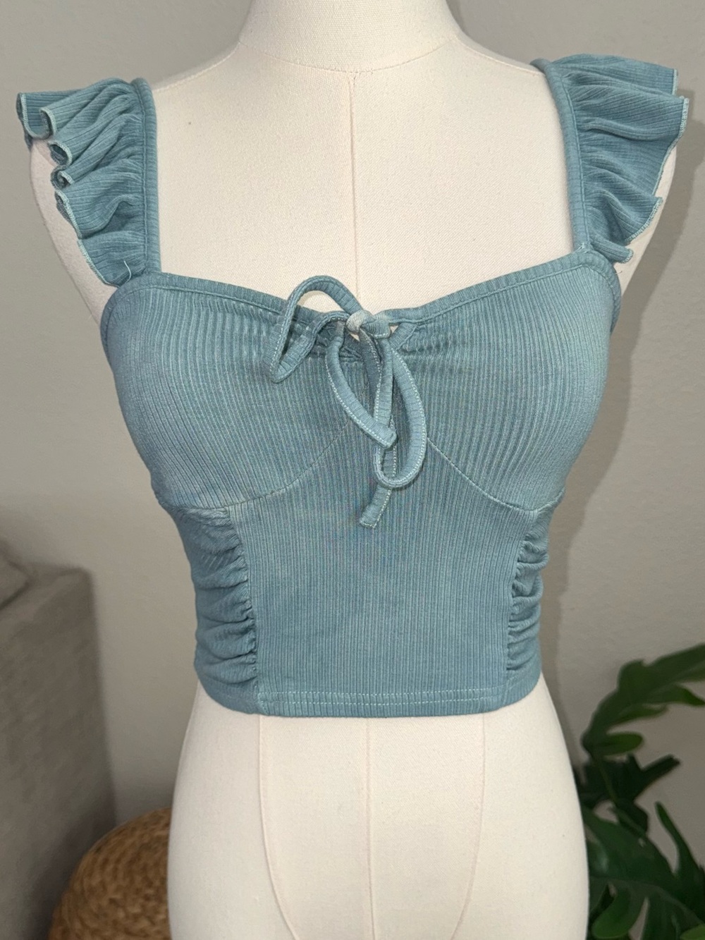 Small Blue Ribbed Crop Top Ruffle Strap Ruched Tie Front Y2K S RSQ Sexy